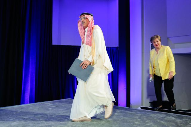 (L/R) Saudi Arabia's Finance Minister Mohammed Al-Jadaan and IMF Managing Director Kristalina Georgieva
arrive for a press briefing following a meeting of the IMFC (International Monetary and Financial Committee) at the 2026 IMF and World Bank Group Spring Meetings in Washington, DC, on April 17, 2026. (Photo by Kent NISHIMURA / AFP)