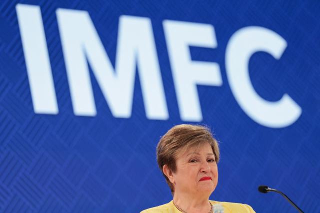 IMF Managing Director Kristalina Georgieva speaks during a press briefing following a meeting of the IMFC (International Monetary and Financial Committee) at the 2026 IMF and World Bank Group Spring Meetings in Washington, DC, on April 17, 2026. (Photo by Kent Nishimura / AFP)