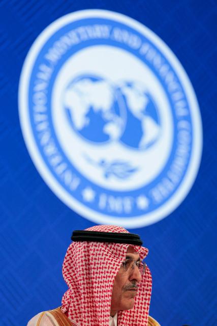 Saudi Arabia's Finance Minister Mohammed Al-Jadaan speaks during a press briefing following a meeting of the IMFC (International Monetary and Financial Committee) at the 2026 IMF and World Bank Group Spring Meetings in Washington, DC, on April 17, 2026. (Photo by Kent Nishimura / AFP)
