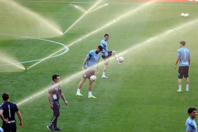 Real Sociedad players attend a training session on the eve of the Copa del Rey (King's Cup) final football match between Club Atletico de Madrid and Real Sociedad at La Cartuja stadium in Seville, on April 17, 2026. (Photo by Thomas COEX / AFP)