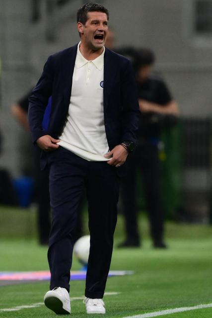 Inter Milan's Romanian head coach Cristian Chivu reacts during the Italian Serie A football match between Inter Milan and Cagliari at San Siro stadium in Milan, on April 17, 2026. (Photo by MARCO BERTORELLO / AFP)