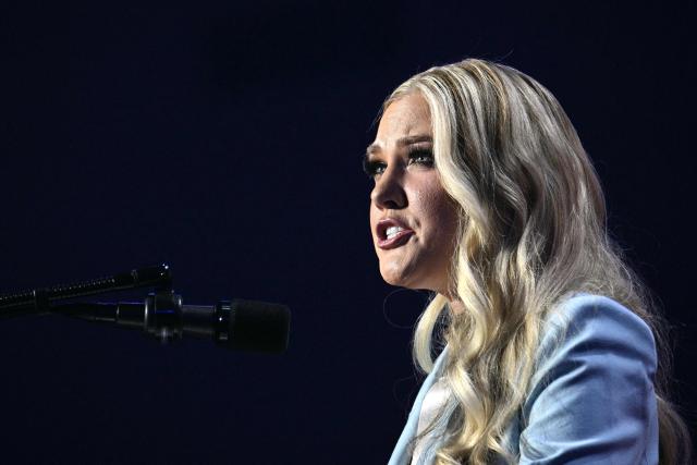 Erika Kirk, widow of the late conservative activist Charlie Kirk, addresses a Turning Point USA event at Dream City Church in Phoenix, Arizona, on April 17, 2026. (Photo by Jim WATSON / AFP)