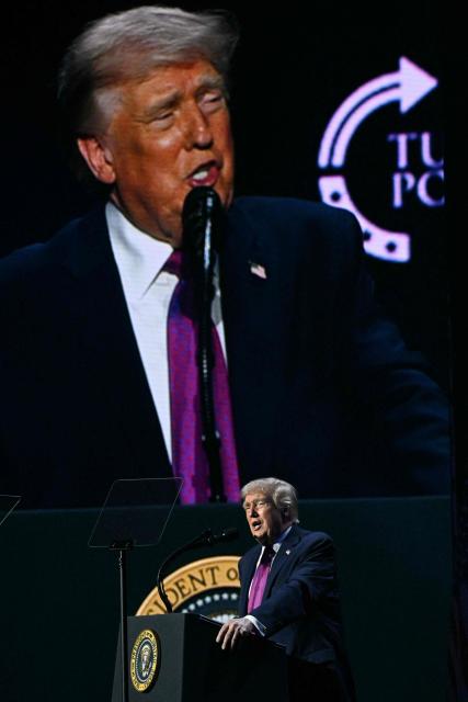 US President Donald Trump addresses a Turning Point USA event entitled "Build the Red Wall" at Dream City Church in Phoenix, Arizona, on April 17, 2026. (Photo by Jim WATSON / AFP)