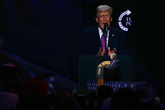 US President Donald Trump addresses a Turning Point USA event entitled "Build the Red Wall" at Dream City Church in Phoenix, Arizona, on April 17, 2026. (Photo by Jim WATSON / AFP)