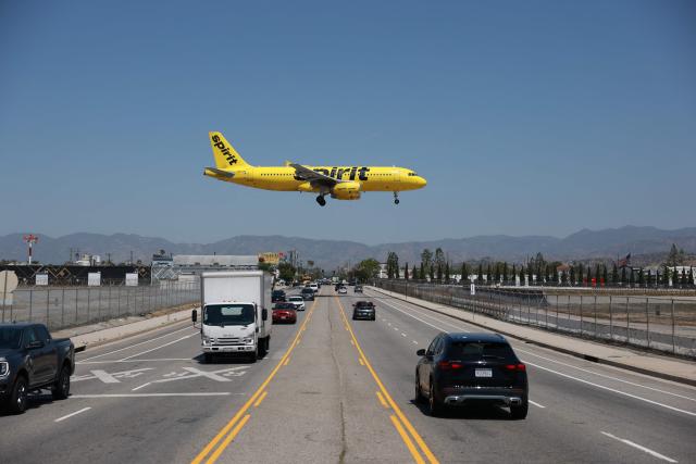 A Spirit Airlines Airbus A320 lands at Hollywood Burbank Airport on April 17, 2026. Spirit Airlines has been facing financial troubles, while rising jet fuel due to the war in Iran has amplified their worries. (Photo by Patrick T. Fallon / AFP)