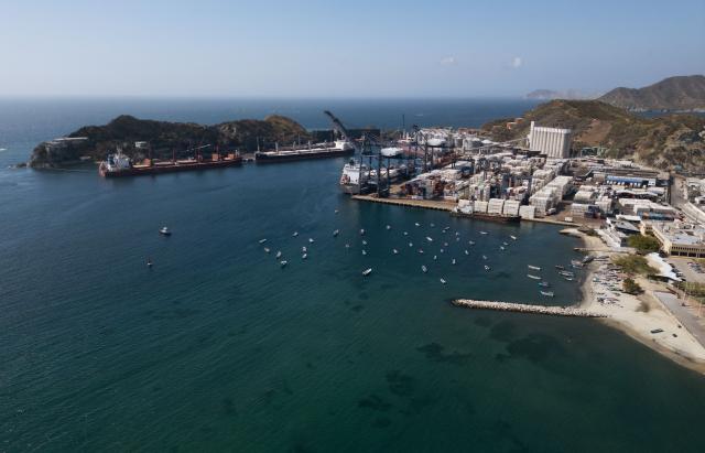 Aerial view of the port in Santa Marta, Colombia on April 16, 2026. (Photo by Luis Acosta / AFP)