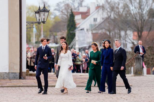 From L: Denmark’s Prince Vincent, Crown Prince Christian, Princess Josephine, Princess Isabella, Queen Mary and King Frederik arrive for the confirmation of twins Josephine and Vincent at Fredensborg Palace Church, Denmark, Saturday, April 18, 2026. (Photo by Ida Marie Odgaard / Ritzau Scanpix / AFP) / Denmark OUT