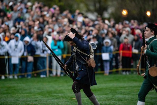 Lexington Minute Men reenactors gather during a reenactment of the Battle of Lexington and Concord as part of Patriot's Day celebrations in Lexington, Massachusetts, on April 18, 2026. April 19, 2026 marks the 250th anniversary of the Battle of Lexington and Concord, the first major military actions between the British Army and the Colonial American militias during the American Revolutionary War. (Photo by Joseph Prezioso / AFP)