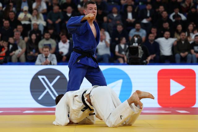 Serbia's Mihajlo Simin wins against Finland's Eetu Ihanamaki in the men's under 81 kg category bronze medal bout at the Judo European Senior Championships 2026 in Tbilisi on April 18, 2026. (Photo by Giorgi ARJEVANIDZE / AFP)