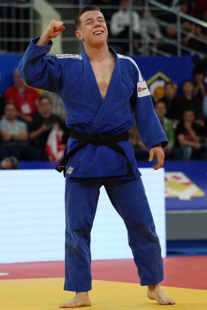 Serbia's Mihajlo Simin wins against Finland's Eetu Ihanamaki in the men's under 81 kg category bronze medal bout at the Judo European Senior Championships 2026 in Tbilisi on April 18, 2026. (Photo by Giorgi ARJEVANIDZE / AFP)