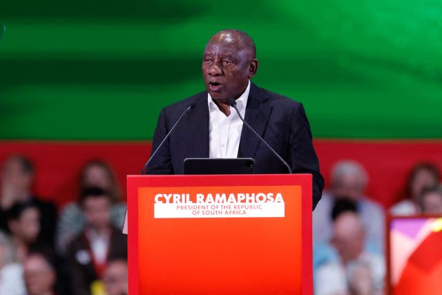 South Africa's President Cyril Ramaphosa delivers a speech during the Global Progressive Mobilisation forum in Barcelona on April 18, 2026. (Photo by Oscar DEL POZO / AFP)