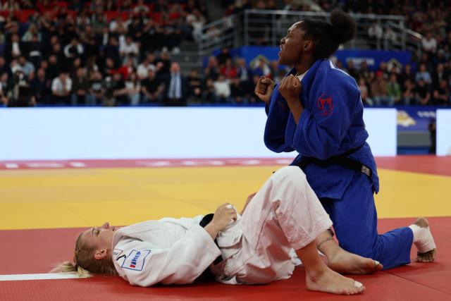 Switzerland's April Lynn Fohouo wins against Croatia's Lara Cvjetko in the women's under 70 kg category bronze medal bout at the Judo European Senior Championships 2026 in Tbilisi on April 18, 2026. (Photo by Giorgi ARJEVANIDZE / AFP)