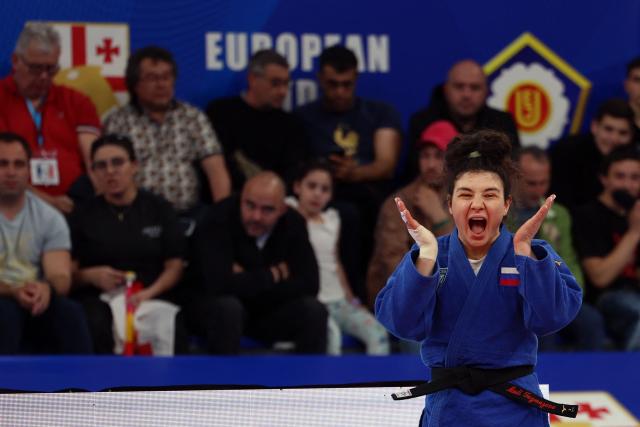 Russia's Madina Taimazova gets ready to compete against Greece's Elisavet Teltsidou in the women's under 70 kg category bronze medal bout at the Judo European Senior Championships 2026 in Tbilisi on April 18, 2026. (Photo by Giorgi ARJEVANIDZE / AFP)