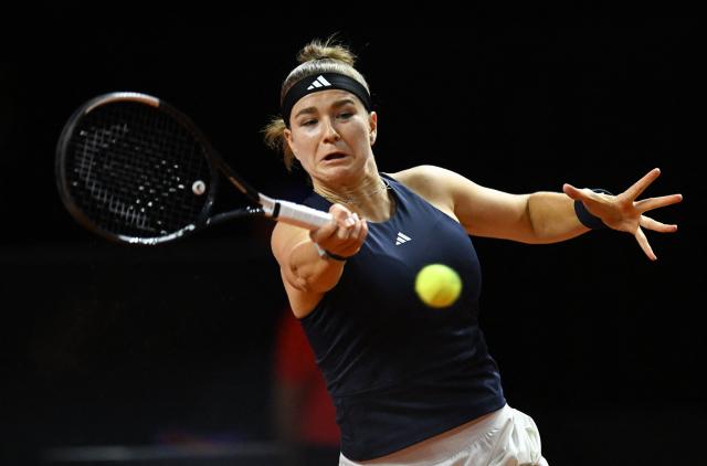 Czech Republic’s Karolina Muchova returns the ball to Ukraine’s Elina Svitolina (not in picture) during their semifinal match at the Women's Tennis Grand Prix WTA tournament in Stuttgart, southwestern Germany, on April 18, 2026. (Photo by THOMAS KIENZLE / AFP)
