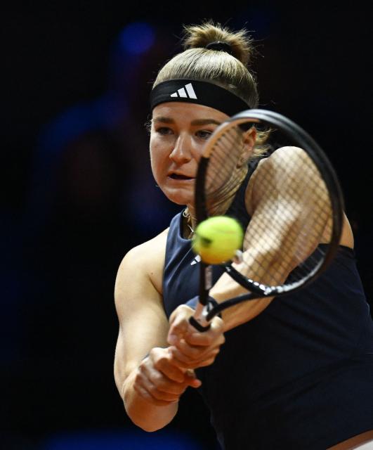 Czech Republic’s Karolina Muchova returns the ball to Ukraine’s Elina Svitolina (not in picture) during their semifinal match at the Women's Tennis Grand Prix WTA tournament in Stuttgart, southwestern Germany, on April 18, 2026. (Photo by THOMAS KIENZLE / AFP)