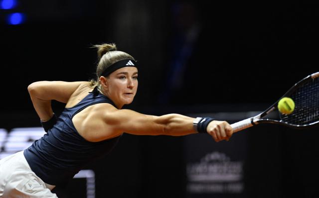 Czech Republic’s Karolina Muchova returns the ball to Ukraine’s Elina Svitolina (not in picture) during their semifinal match at the Women's Tennis Grand Prix WTA tournament in Stuttgart, southwestern Germany, on April 18, 2026. (Photo by THOMAS KIENZLE / AFP)