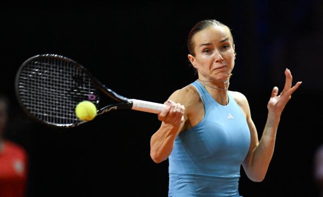 Ukraine’s Elina Svitolina returns the ball to Czech Republic’s Karolina Muchova (not in picture) during their semifinal match at the Women's Tennis Grand Prix WTA tournament in Stuttgart, southwestern Germany, on April 18, 2026. (Photo by THOMAS KIENZLE / AFP)