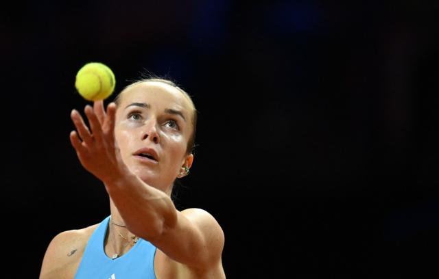 Ukraine’s Elina Svitolina serves the ball to Czech Republic’s Karolina Muchova (not in picture) during their semifinal match at the Women's Tennis Grand Prix WTA tournament in Stuttgart, southwestern Germany, on April 18, 2026. (Photo by THOMAS KIENZLE / AFP)