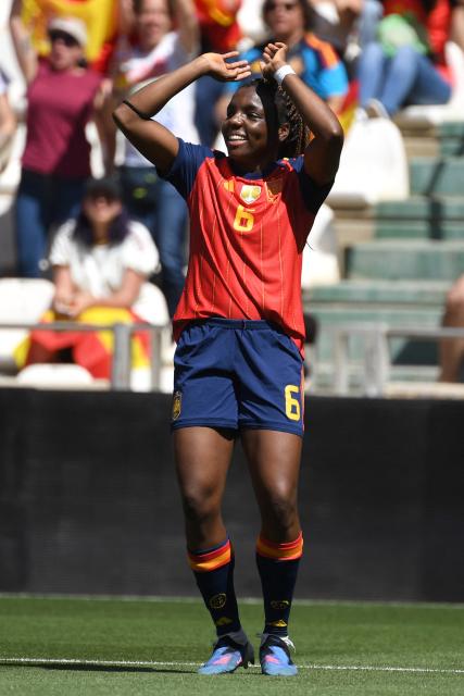 Spain's midfielder #6 Edna Imade celebrates scoring their first goal during the Women's FIFA World Cup League A Group 3 qualifier football match between Spain and Ukraine at the Nuevo Arcangel stadium in Cordoba on April 18, 2026. (Photo by JORGE GUERRERO / AFP)