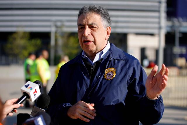 NJ Transit Chief of Police Christopher Trucillo speaks as New Jersey Transit Police Department’s Office of Emergency Management (OEM), along with federal, state, county and local partners, conduct emergency response drills at the rail station near MetLife Stadium ahead of the 2026 FIFA World Cup in East Rutherford, New Jersey, on April 18, 2026. (Photo by Leonardo MUNOZ / AFP)