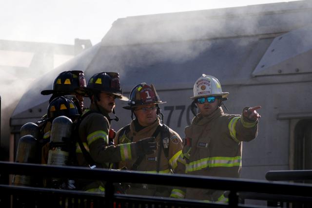 Firefighters take part in emergency response drills at the rail station near MetLife Stadium ahead of the 2026 FIFA World Cup in East Rutherford, New Jersey, on April 18, 2026. (Photo by Leonardo MUNOZ / AFP)