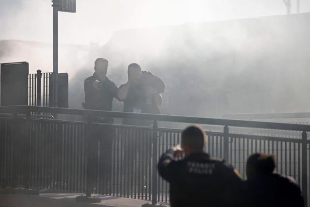 New Jersey Transit Police Department’s Office of Emergency Management (OEM), along with federal, state, county and local partners, conduct emergency response drills at the rail station near MetLife Stadium ahead of the 2026 FIFA World Cup in East Rutherford, New Jersey, on April 18, 2026. (Photo by Leonardo MUNOZ / AFP)