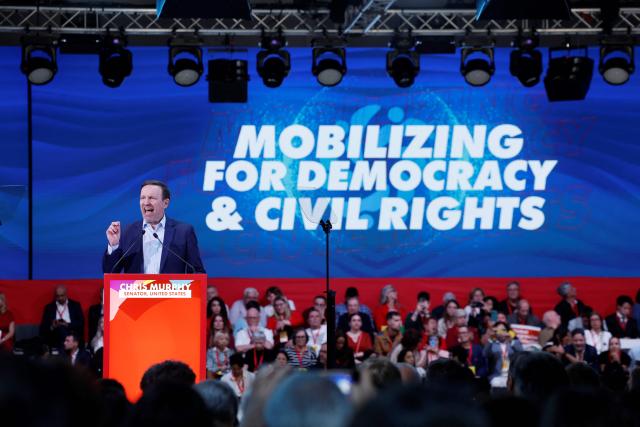 US Democrat Senator Chris Murphy delivers a speech during the Global Progressive Mobilisation forum in Barcelona on April 18, 2026. Spain's Prime Minister Pedro Sanchez and Brazil's President Luiz Inacio Lula da Silva are spearheading the gathering of global leftist leaders which aims to promote a common response to the rising 'reactionary wave' worldwide. (Photo by Oscar DEL POZO / AFP)