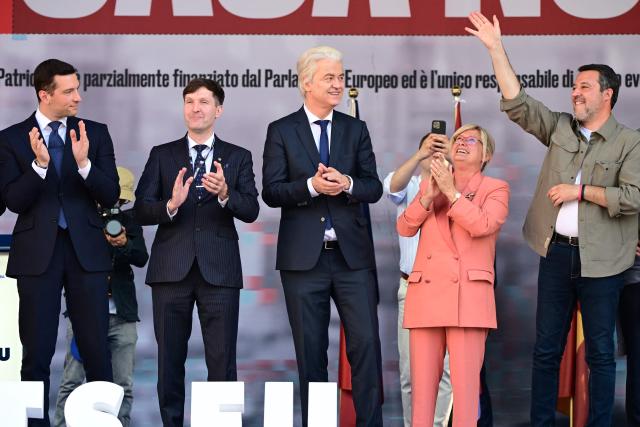 Italy's Deputy Prime Minister and leader of the Lega party, Matteo Salvini (R) stands on stage with Dutch politician and leader of the Netherlands' far-right Party for Freedom (PVV) Geert Wilders (C) and France’s far-right Rassemblement National (RN) party President Jordan Bardella (L) at the end of a rally organized by the Patriots for Europe group (PfE) at the European Parliament and titled “Without Fear: in Europe, masters in our own home,” in Milan on April 18, 2026. (Photo by PIERO CRUCIATTI / AFP)