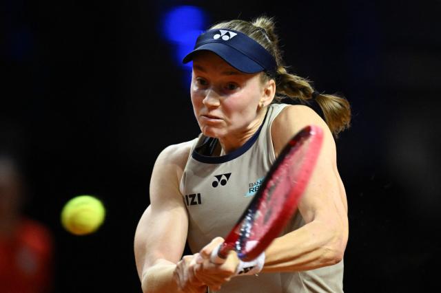 Kazakhstan’s Elena Rybakina returns the ball to Russia’s Mirra Andreeva (not in picture) during their semifinal match at the Women's Tennis Grand Prix WTA tournament in Stuttgart, southwestern Germany, on April 18, 2026. (Photo by THOMAS KIENZLE / AFP)