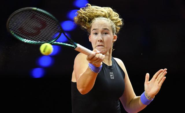 Russia’s Mirra Andreeva returns the ball to Kazakhstan’s Elena Rybakina (not in picture) during their semifinal match at the Women's Tennis Grand Prix WTA tournament in Stuttgart, southwestern Germany, on April 18, 2026. (Photo by THOMAS KIENZLE / AFP)