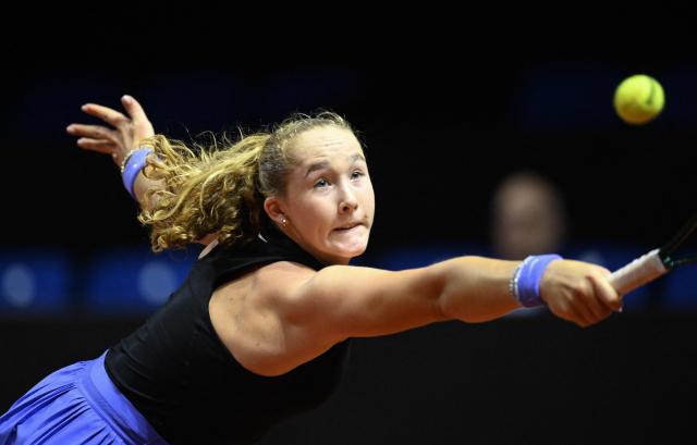 Russia’s Mirra Andreeva returns the ball to Kazakhstan’s Elena Rybakina (not in picture) during their semifinal match at the Women's Tennis Grand Prix WTA tournament in Stuttgart, southwestern Germany, on April 18, 2026. (Photo by THOMAS KIENZLE / AFP)