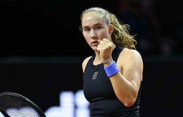 Russia’s Mirra Andreeva reacts as she plays against Kazakhstan’s Elena Rybakina (not in picture) during their semifinal match at the Women's Tennis Grand Prix WTA tournament in Stuttgart, southwestern Germany, on April 18, 2026. (Photo by THOMAS KIENZLE / AFP)
