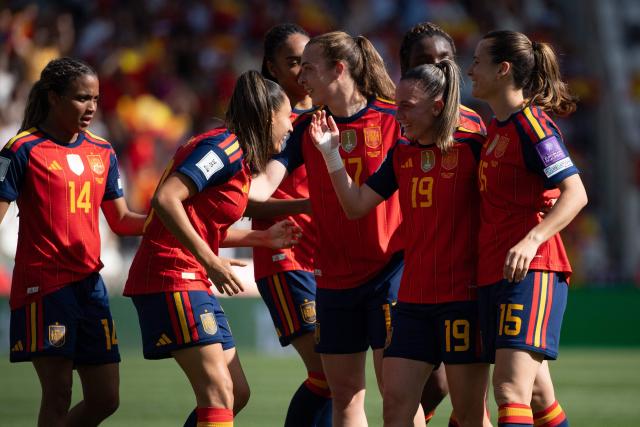 Spain's forward Eva Navarro celebrates after scoring during the Women's FIFA World Cup League A group A3 qualifier football match between Spain and Ukraine at the Nuevo Arcangel stadium in Cordoba on April 18, 2026. (Photo by JORGE GUERRERO / AFP)