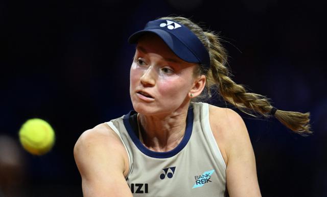 Kazakhstan’s Elena Rybakina eyes the ball as she plays against Russia’s Mirra Andreeva (not in picture) during their semifinal match at the Women's Tennis Grand Prix WTA tournament in Stuttgart, southwestern Germany, on April 18, 2026. (Photo by THOMAS KIENZLE / AFP)