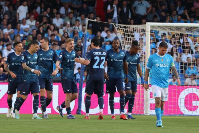 Lazio's Italian forward #22 Matteo Cancellieri celebrates scoring his team's first goal during the Italian Serie A football match between Napoli and Lazio at the Diego Armando Maradona stadium in Naples on April 18, 2026. (Photo by Carlo HERMANN / AFP)