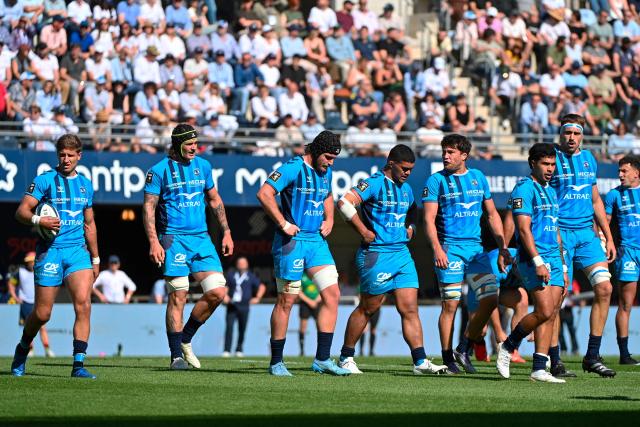 Montpellier’s players react during the French Top14 rugby union match between Montpellier Herault Rugby and USA Perpignan at the GGL Stadium in Montpellier, southern France on April 18, 2026. (Photo by Sylvain THOMAS / AFP)