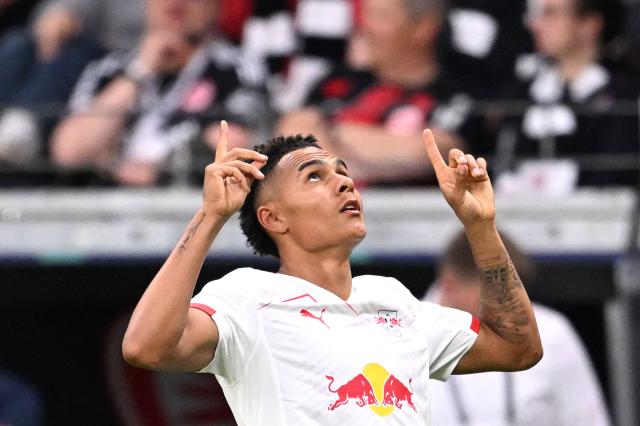 Leipzig's Norwegian forward #07 Antonio Nusa celebrates after scoring the 1-2 goal during the German first division Bundesliga football match between Eintracht Frankfurt and RB Leipzig in Frankfurt am Main, western Germany, on April 18, 2026. (Photo by Kirill KUDRYAVTSEV / AFP) / DFL REGULATIONS PROHIBIT ANY USE OF PHOTOGRAPHS AS IMAGE SEQUENCES AND/OR QUASI-VIDEO