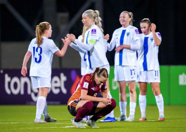 Latvia's midfielder #08 Viktorija Zaicikova reacts after the Women's FIFA world cup league B, group B3, qualifier football match between Latvia and Finland at Daugava in Riga, Latvia, on April 18, 2026. (Photo by Gints Ivuskans / AFP)