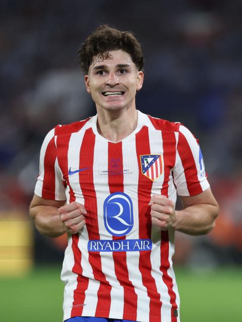Atletico Madrid's Argentine forward #19 Julian Alvarez celebrates scoring his team's second goal during the Copa del Rey (King's Cup) final football match between Club Atletico de Madrid and Real Sociedad at La Cartuja stadium in Seville on April 18, 2026. (Photo by Thomas COEX / AFP)