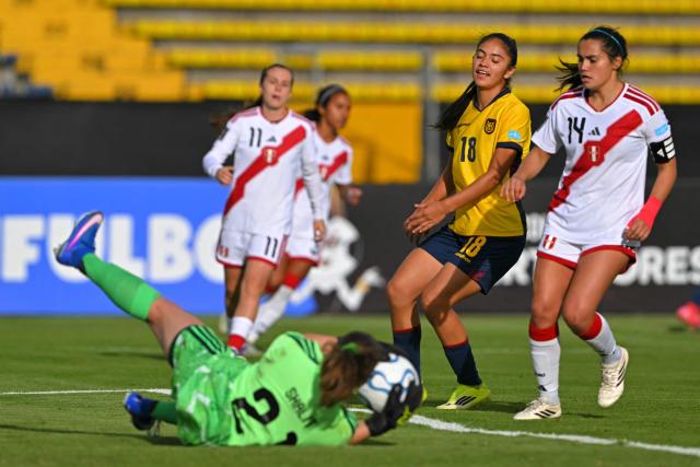 Ecuador's midfielder #18 Rosa Flores reacts during the CONMEBOL Nations League Women football match between Ecuador and Peru at the Olimpico Atahualpa stadium in Quito, on April 18, 2026. (Photo by Rodrigo BUENDIA / AFP)
