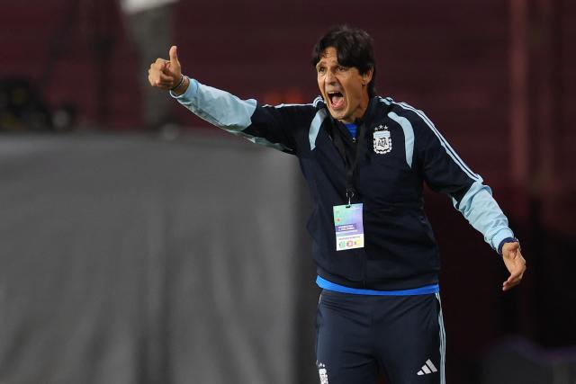 Argentina's head coach German Portanova gestures during the CONMEBOL Nations League Women football match between Argentina and Colombia, at the Ciudad de Lanus stadium in Lanus, Buenos Aires province, Argentina, on April 18, 2026. (Photo by Alejandro PAGNI / AFP)