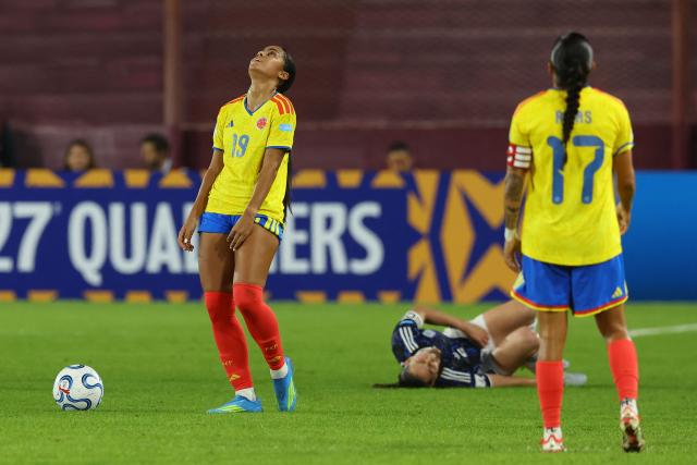Colombia's midfielder #19 Maithe Lopez reacts during the CONMEBOL Nations League Women football match between Argentina and Colombia, at the Ciudad de Lanus stadium in Lanus, Buenos Aires province, Argentina, on April 18, 2026. (Photo by Alejandro PAGNI / AFP)
