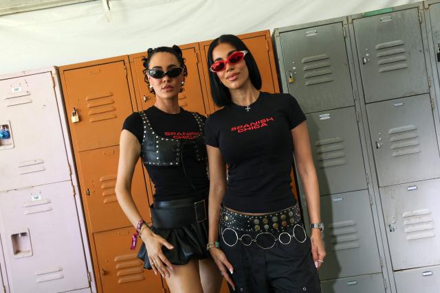 Pitty Bernad (L) and Belah, of the Spanish DJ duo Mestiza, pose during a photo session during the 2026 Coachella Valley Music and Arts Festival at Empire Polo Club on April 11, 2026 in Indio, California. In an edition headlined by Sabrina Carpenter, Justin Bieber, and Karol G, the California festival, which wraps up its second weekend on April 19, dedicated nearly half of its lineup to electronic music. A highlight of this years Coachella was the duo Mestiza, formed by Spaniards Belah and Pitty, who incorporated their flamenco influence, which includes dancers on stage. (Photo by VALERIE MACON / AFP)