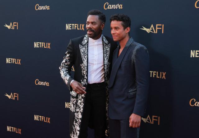 US actors Colman Domingo (L) and Jaafar Jackson attend the 2026 AFI Life Achievement Award at the Dolby Theatre in Hollywood, California on April 18, 2026. US actor Eddie Murphy is the recipient of the 2026 AFI Life Achievement Award. (Photo by Etienne LAURENT / AFP)