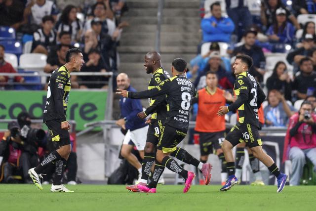 Pachuca's Ecuadorian forward #10 Enner Valencia (C) celebrates scoring his team's third goal during the Liga MX Clausura football match between Monterrey and Pachuca at BBVA stadium in Guadalupe, Nuevo Leon state, Mexico on April 18, 2026. (Photo by Julio Cesar AGUILAR / AFP)