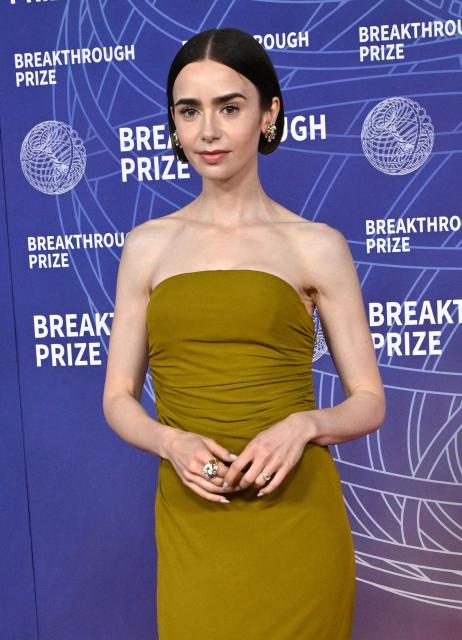 US-British actress Lily Collins attends the 12th Breakthrough Prize Ceremony at Barker Hangar in Santa Monica, California on April 18, 2026. (Photo by LISA O'CONNOR / AFP)