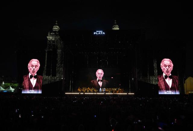 Italian tenor classical musician Andrea Bocelli performs on stage during a free concert at the Zocalo square in Mexico City on April 18, 2026. (Photo by Carl DE SOUZA / AFP)