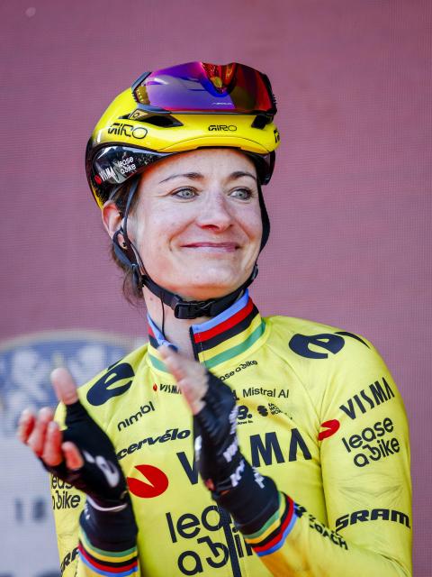 Team Visma - Lease a Bike Women's Dutch rider Marianne Vos applauds during the team presentation ceremony ahead of the start of the 2026 Amstel Gold Race in Maastricht on April 19, 2026. (Photo by Vincent JANNINK / ANP / AFP) / Netherlands OUT