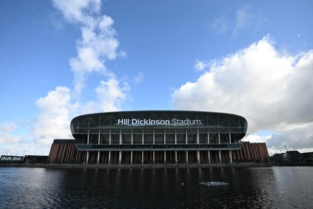 Everton's Hill Dickinson Stadium is seen across the River Mersey ahead of the English Premier League football match between Everton and Liverpool at Hill Dickinson Stadium in Liverpool, north west England on April 19, 2026. (Photo by Paul ELLIS / AFP)