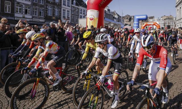 Riders start to compete in the 2026 Amstel Gold Race in Maastricht on April 19, 2026. (Photo by Marcel VAN HOORN / ANP / AFP) / Netherlands OUT